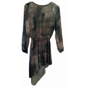 PERIPHERY Army Green Tie Dye Second Skin Sheer Round High Low Mini Dress Top 6 M